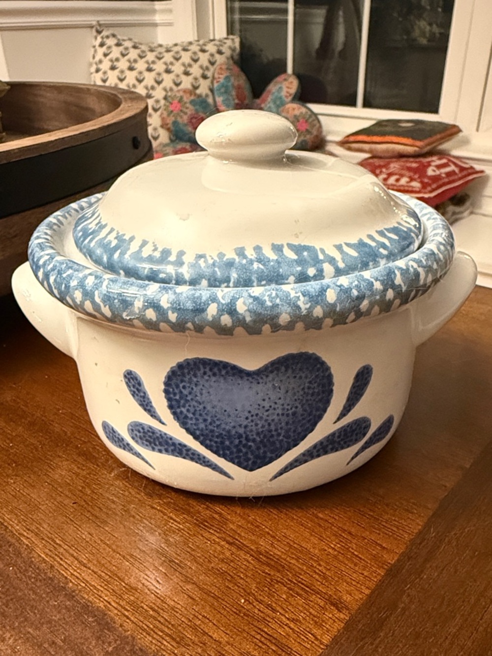 Vintage Blue Heart Ceramic Mini Covered Casserole/Soup Dish